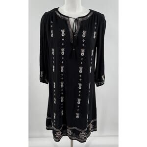 Caslon Black Embroidered 3/4‎ Sleeves Tassel Tie Neckline Bohemian Dress Small